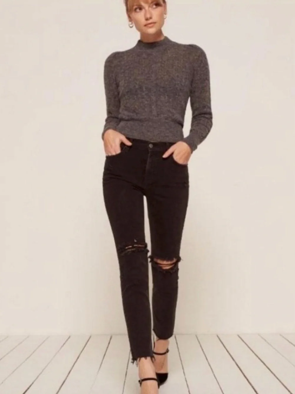 Reformation Camille Skinny Jeans in Black High Rise Distressed Knee Size 26